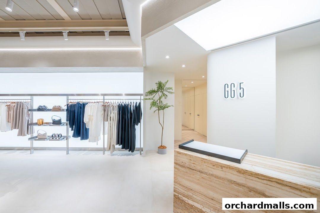Interior of a modern clothing boutique with racks of apparel and a reception desk.