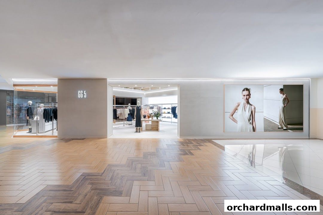 Interior view of GG5 Takashimaya S C, showcasing clothing displays and fashion imagery.