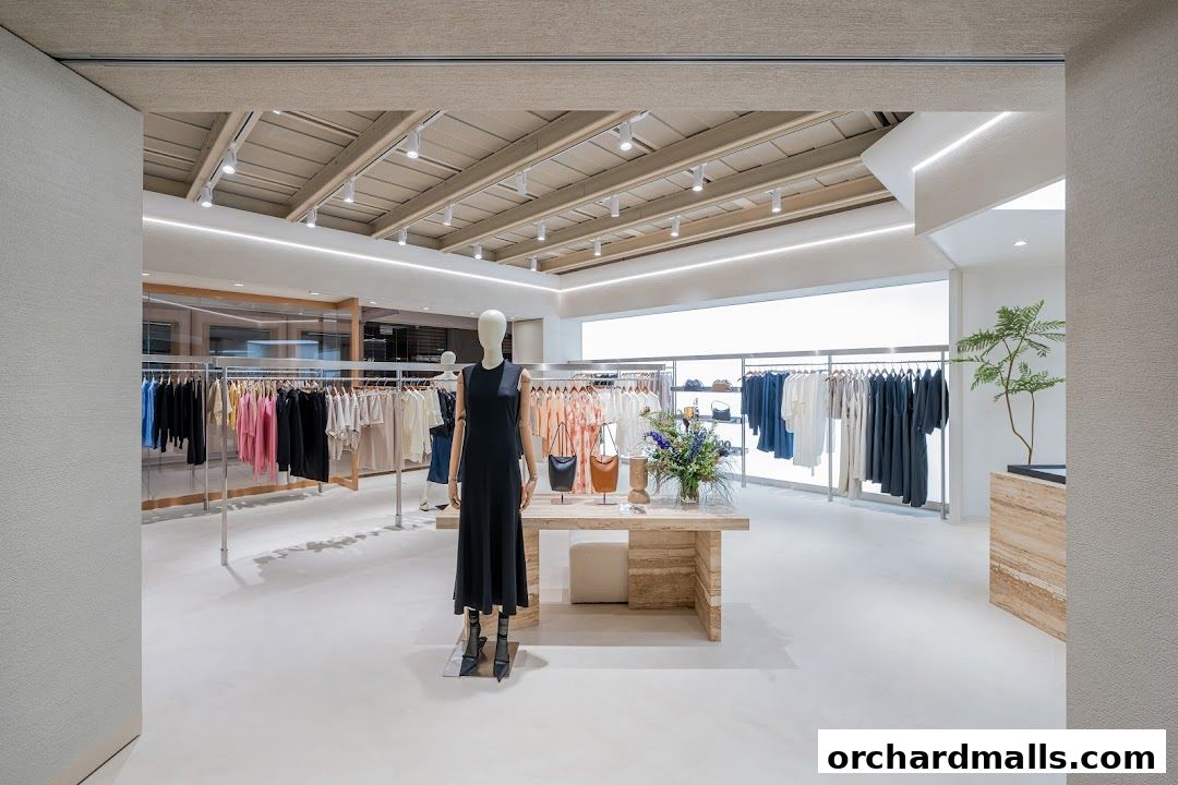 Interior of a modern clothing boutique with mannequins and racks of apparel.