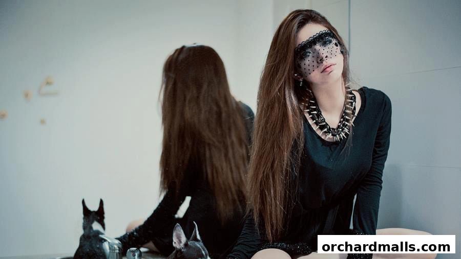 A woman with long brown hair wears a black outfit and a lace mask, with dogs nearby.
