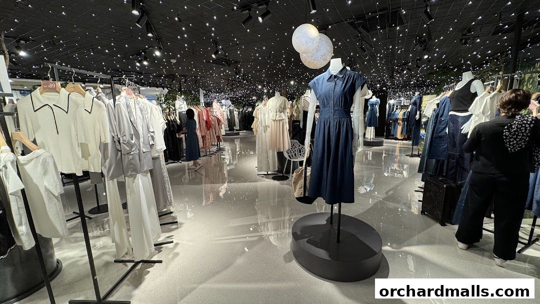 Interior view of a clothing store with mannequins and racks of apparel.