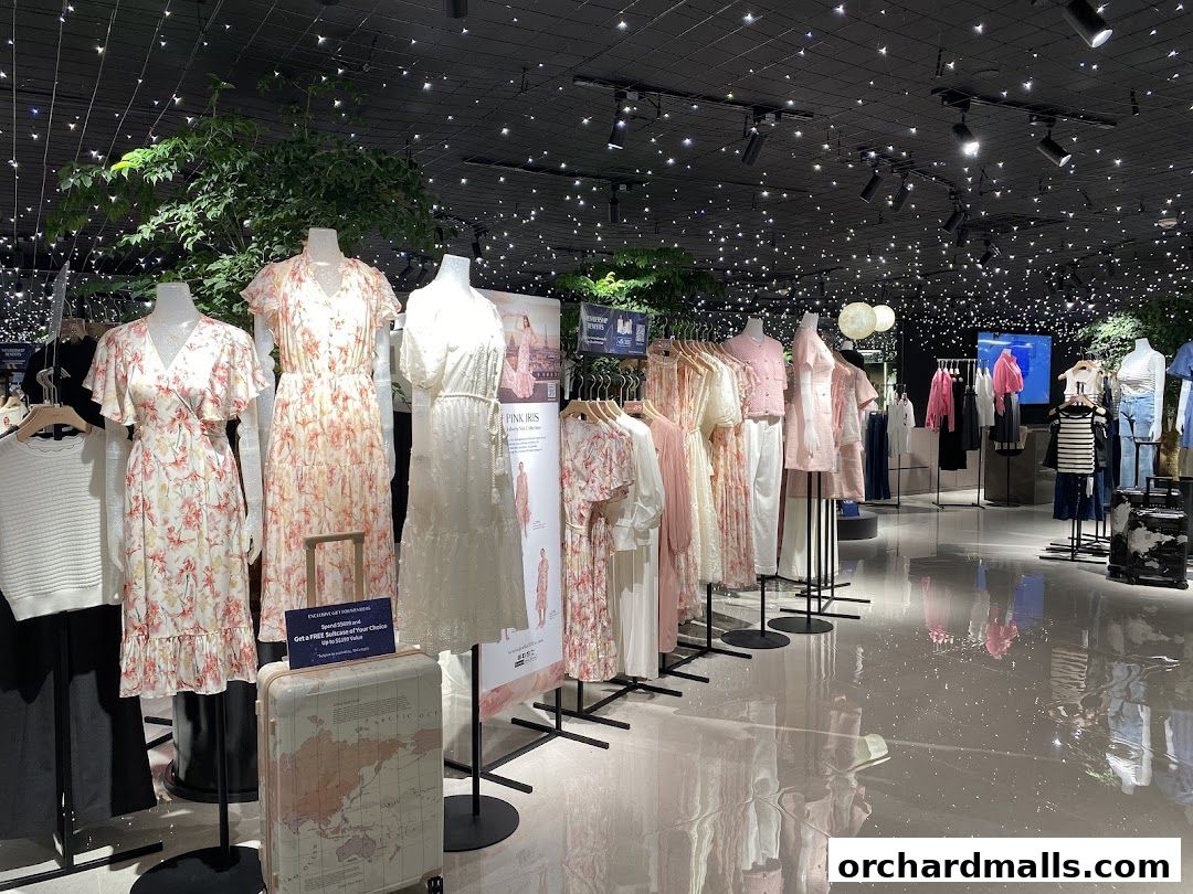 A well-lit clothing store interior with mannequins displaying dresses and racks of apparel.