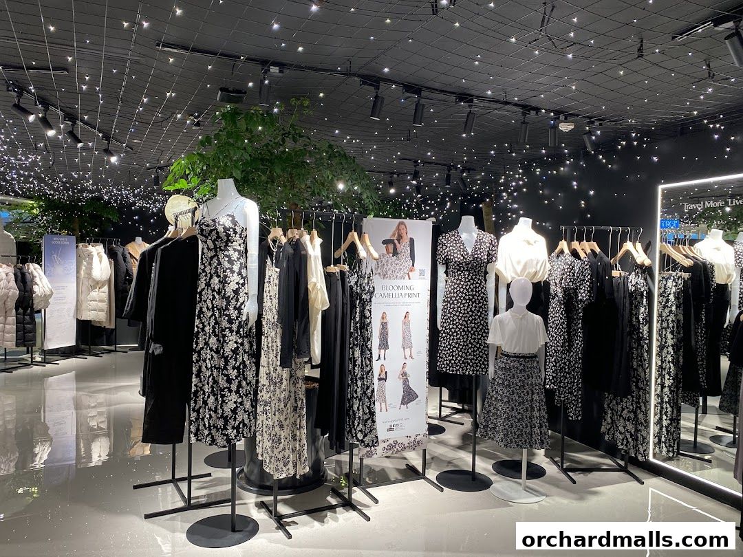 Interior view of a clothing store with mannequins displaying floral print dresses and other apparel.
