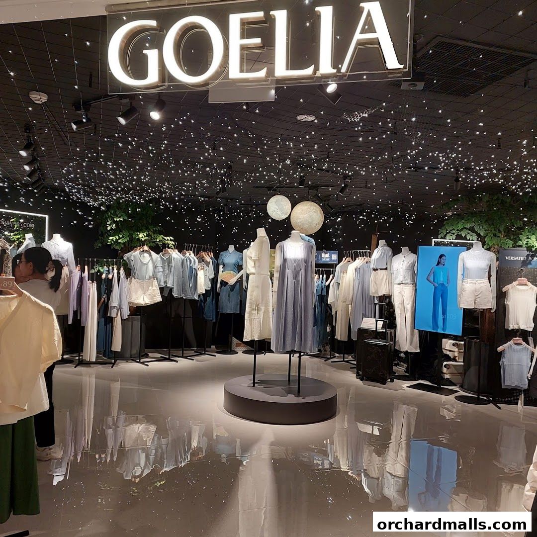 Interior of a Goelia clothing store with mannequins displaying outfits and clothing racks.