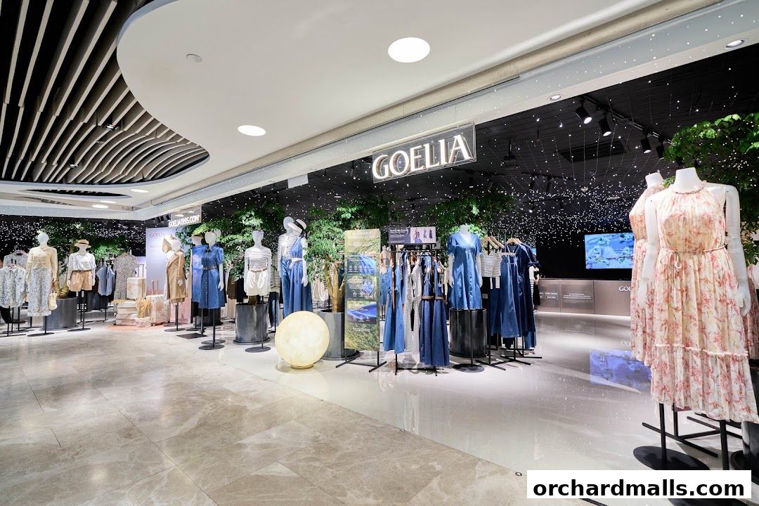 Interior view of a Goelia clothing store with mannequins displaying dresses and outfits.