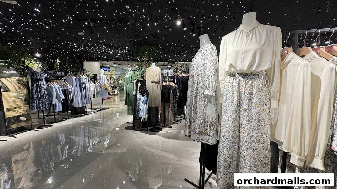 Interior view of a clothing store with mannequins displaying outfits and racks of apparel.