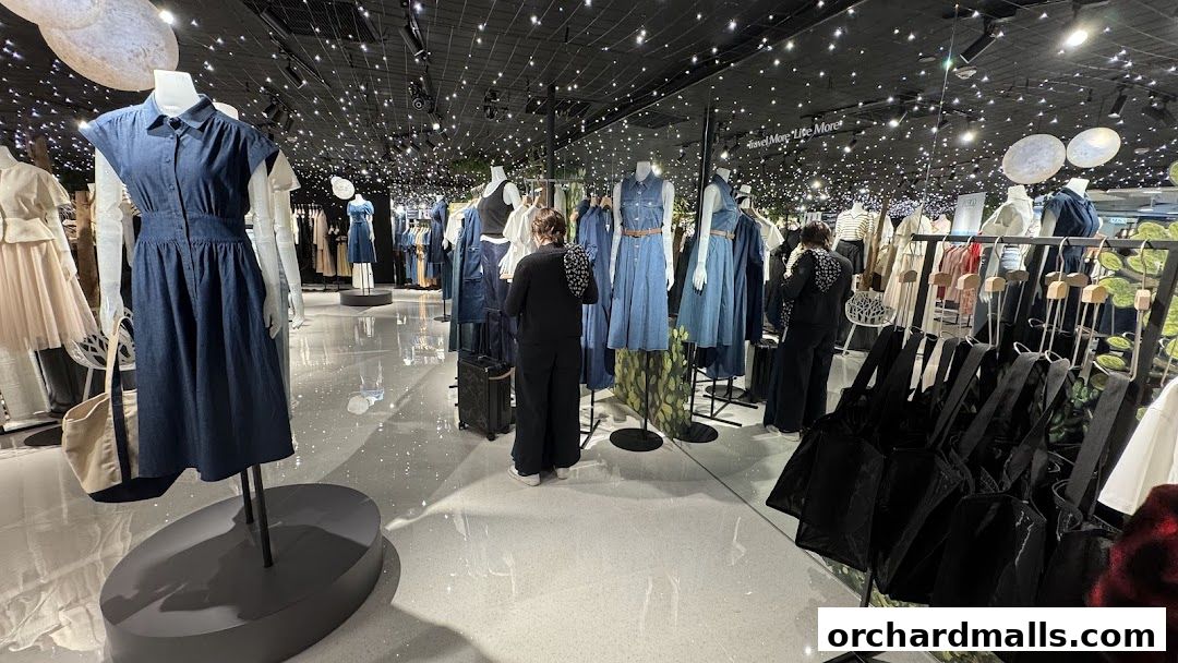 Interior view of a clothing store with mannequins displaying denim dresses and other apparel.