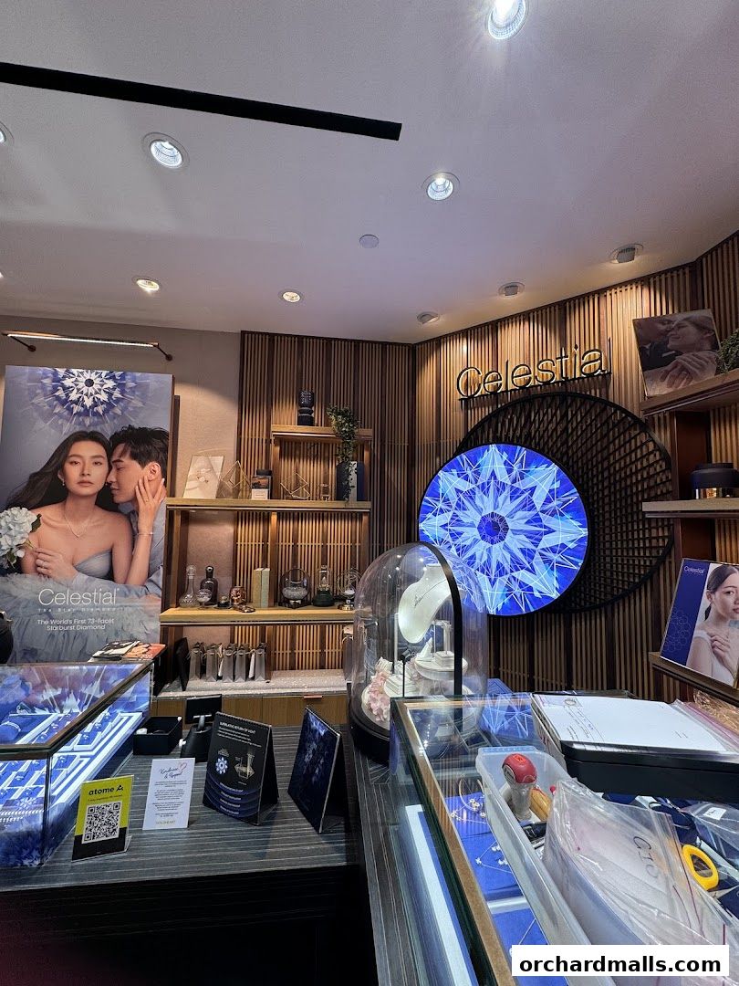 Interior view of a jewelry store with display cases and promotional materials.