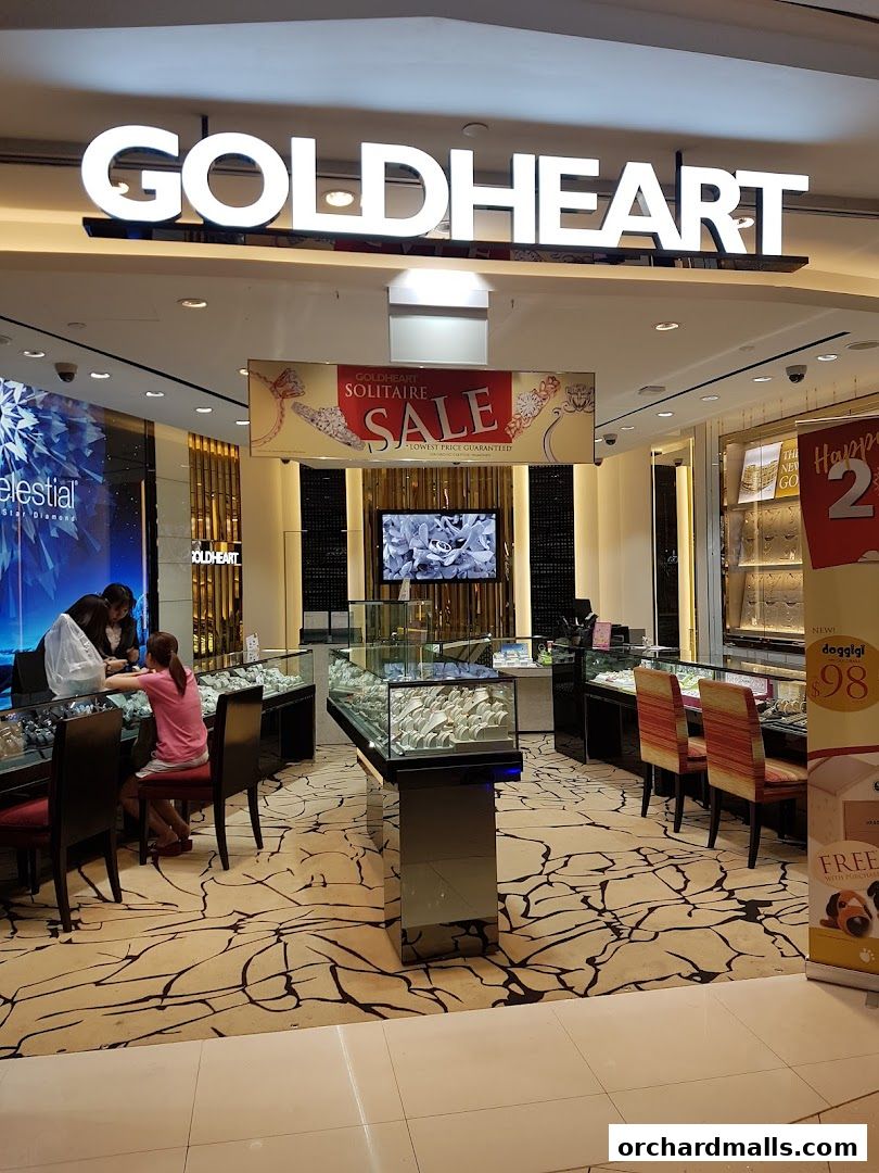 Interior view of a Goldheart Jewelry store with display cases and customers.
