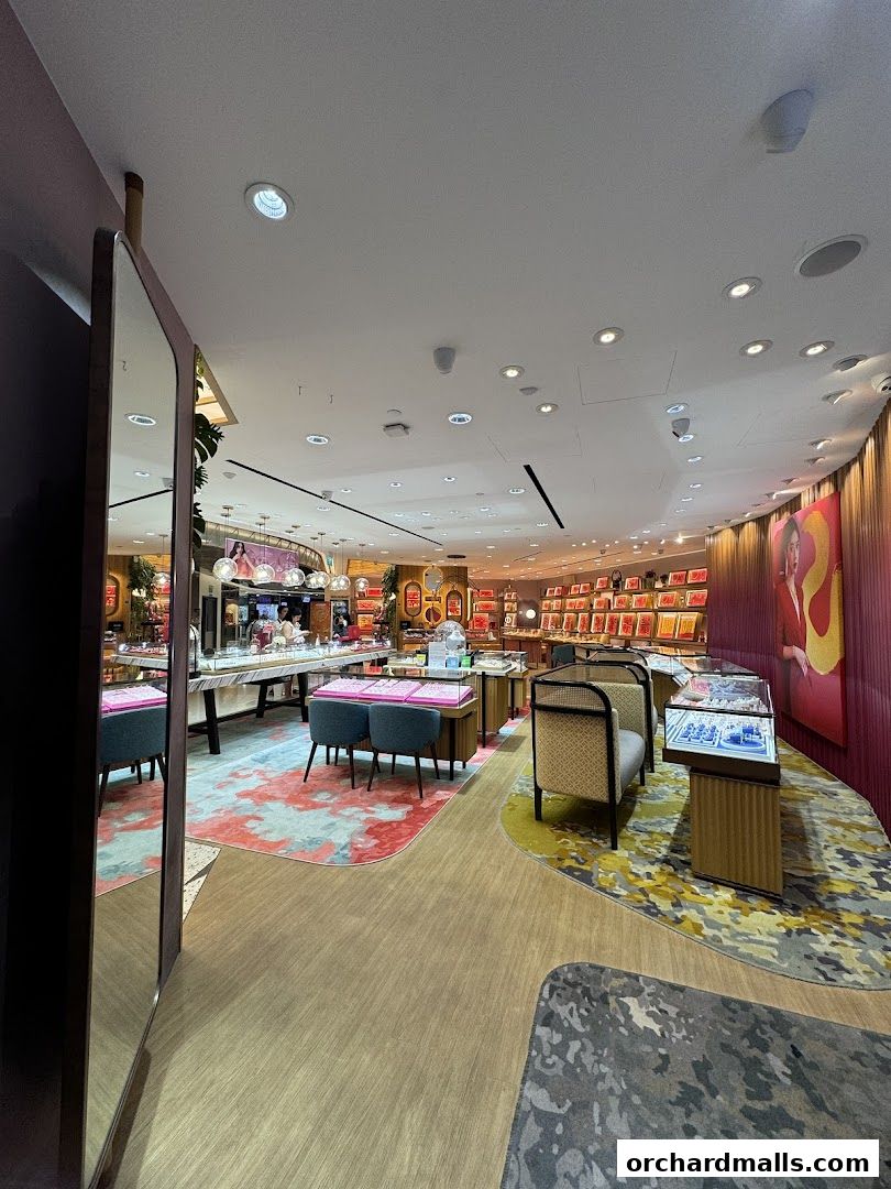 Interior view of a well-lit jewelry store with display cases and seating.