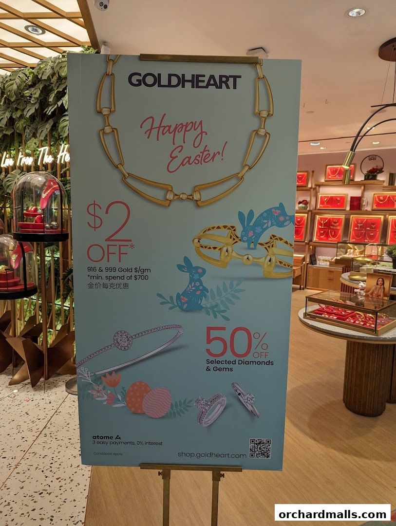 A promotional poster for Goldheart Jewelry featuring Easter-themed designs and discounts.