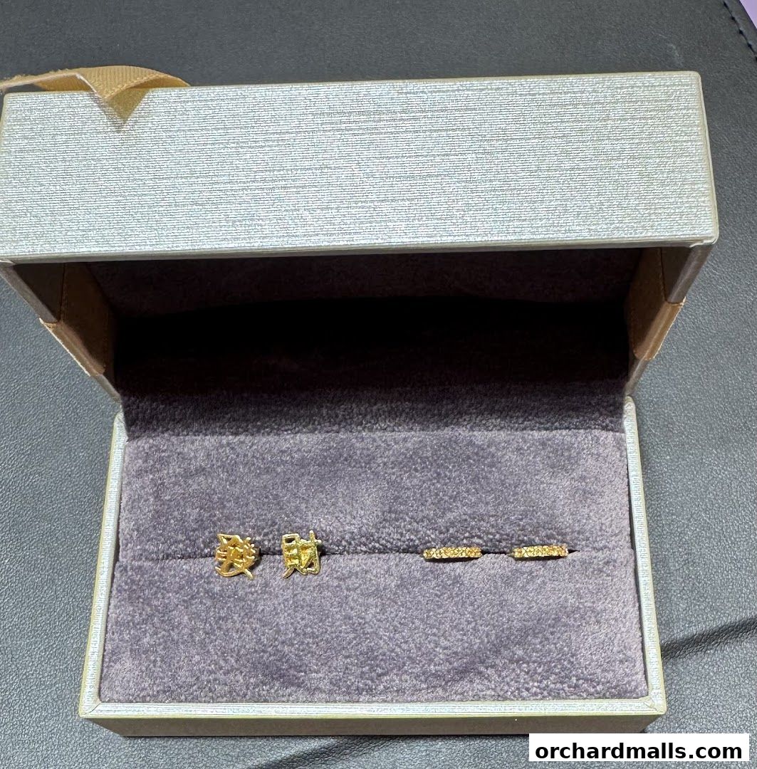 A jewelry box containing gold earrings with Chinese characters and diamond-studded bar earrings.
