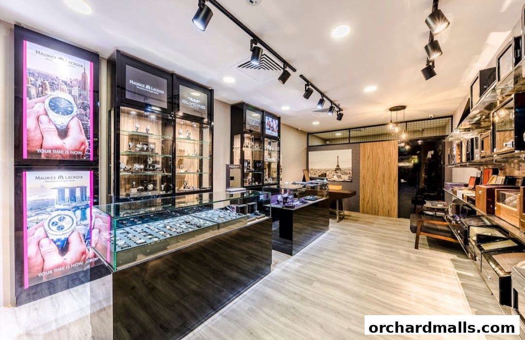 Interior view of a luxury watch store showcasing display cases filled with watches.