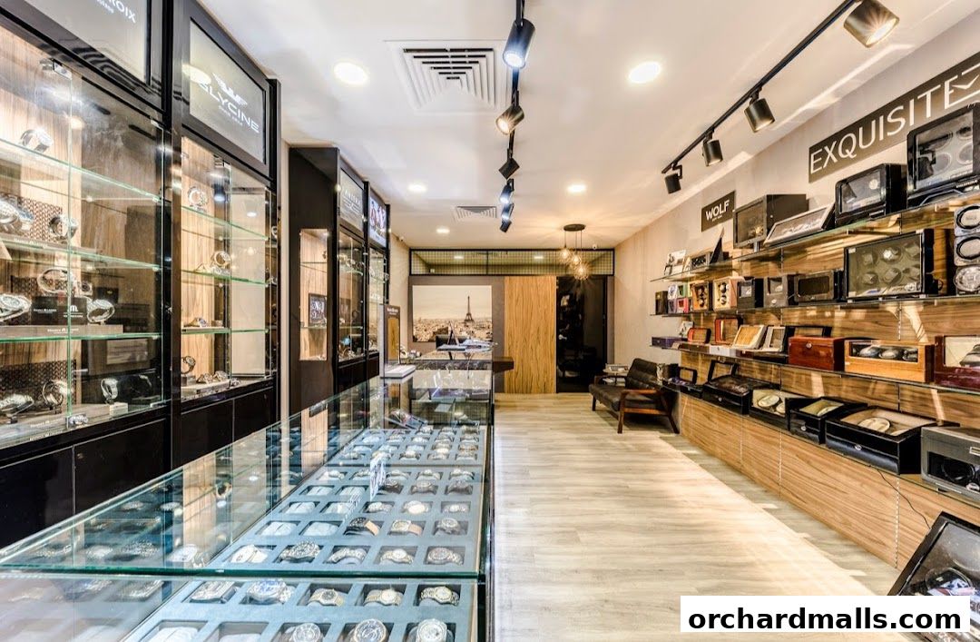 Interior view of a luxury watch shop with display cases and shelves filled with watches.
