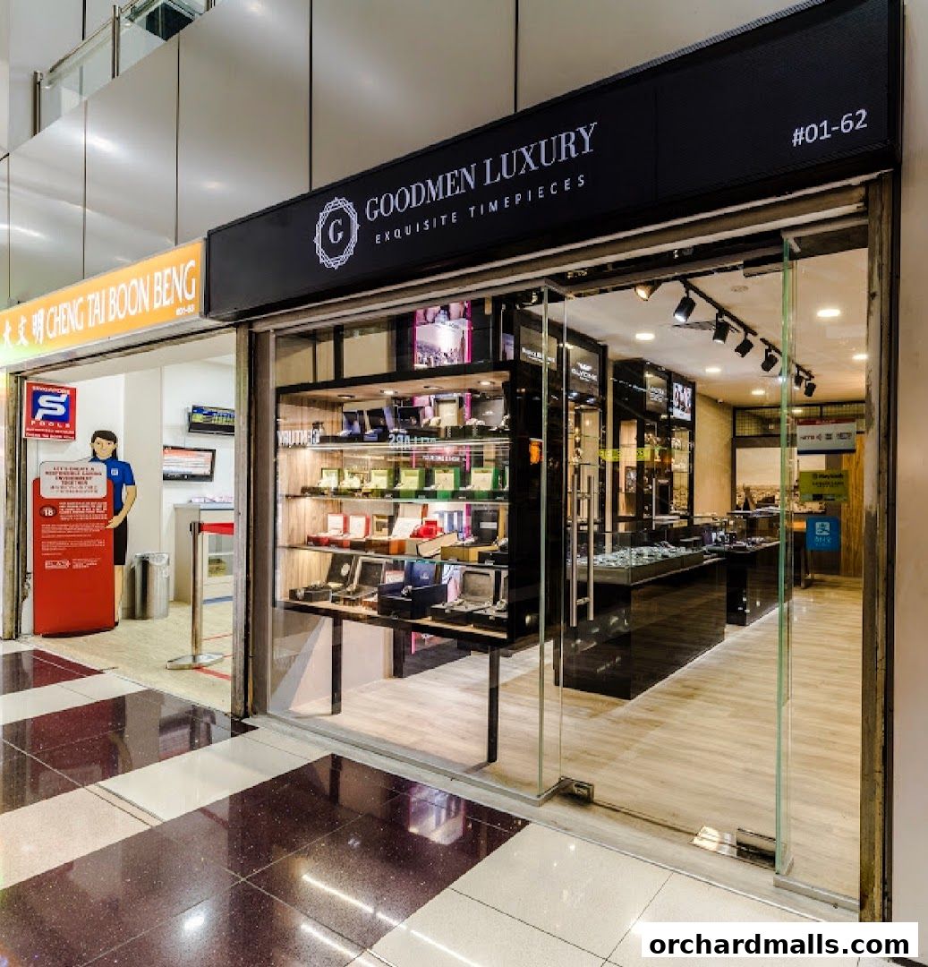 Goodmen Luxury shop front displaying exquisite timepieces in glass display cases.