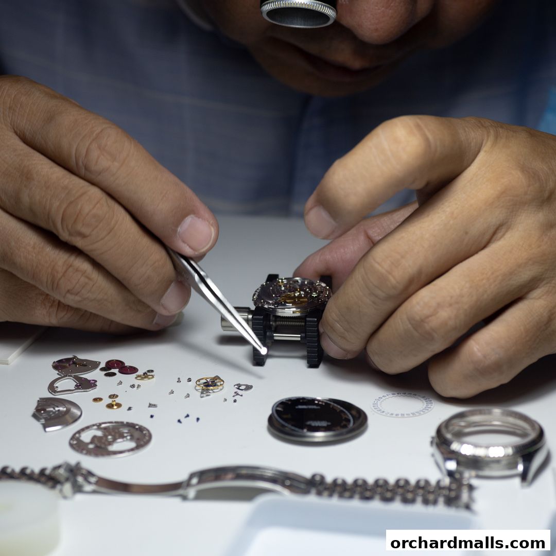 A watchmaker meticulously assembles a luxury watch with precision tools.
