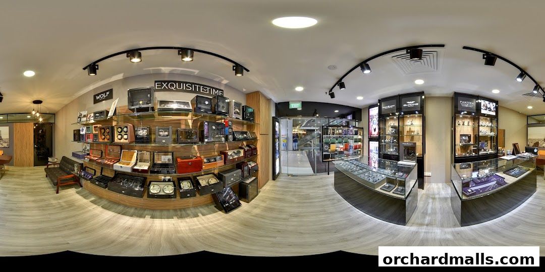 Interior view of a luxury watch and accessory store, showcasing display cases and shelves.