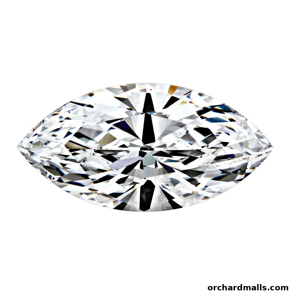 A close-up, isolated image of a brilliant marquise-cut diamond.