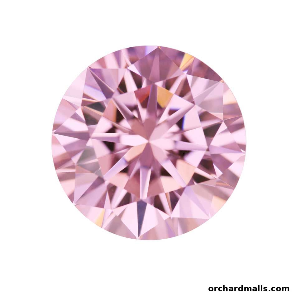 A close-up, isolated shot of a sparkling pink diamond with many facets.