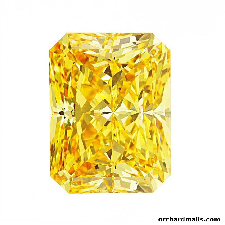 A radiant yellow diamond with a rectangular radiant cut, showcasing brilliant facets.