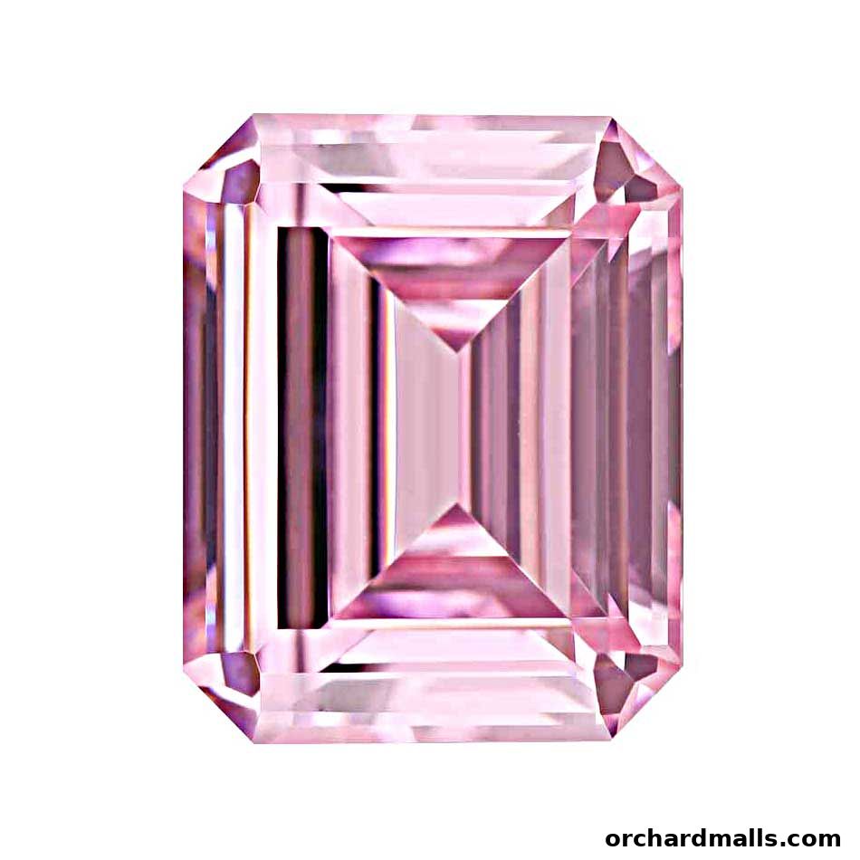 A close-up of a faceted, emerald-cut pink gemstone on a white background.