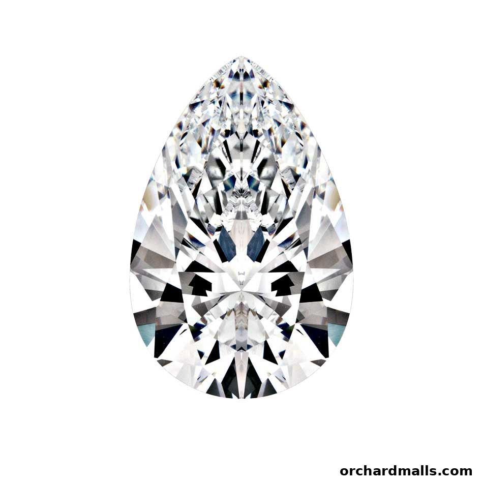 A close-up of a sparkling pear-shaped diamond with intricate facets.