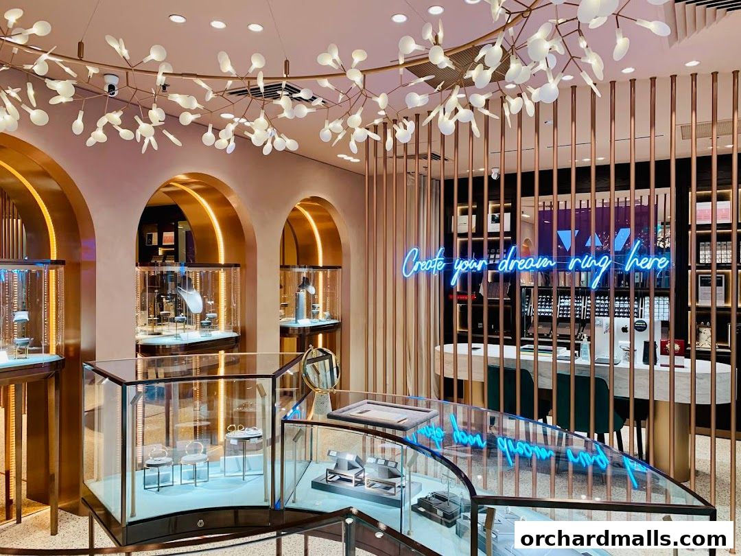 Interior of a modern jewelry store with display cases and a neon sign.