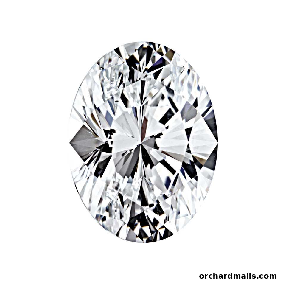 A close-up, isolated shot of a sparkling oval-cut diamond on a white background.