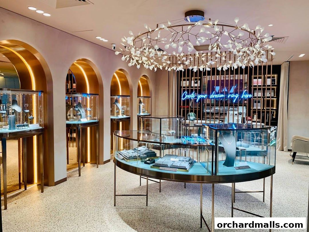 Interior of a modern jewelry store with display cases and elegant lighting.