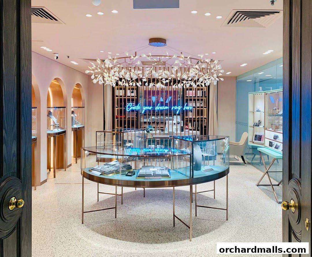 Interior of a modern jewelry store with display cases and a neon sign.