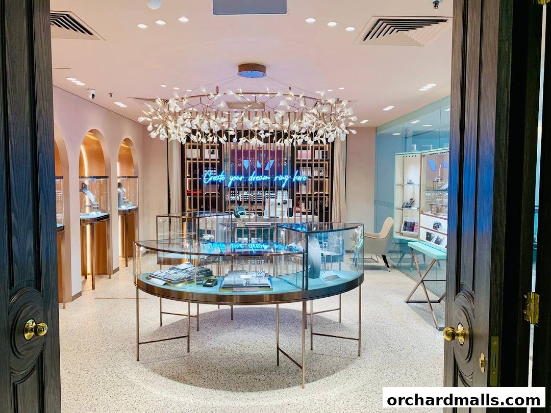 Interior view of a luxurious jewelry store with display cases and a neon sign.