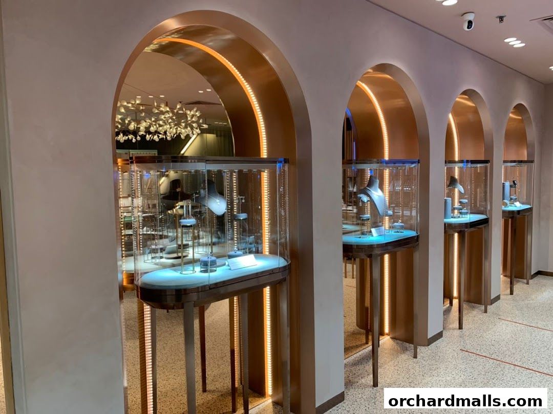 Interior view of a jewelry store with illuminated display cases showcasing necklaces and earrings.