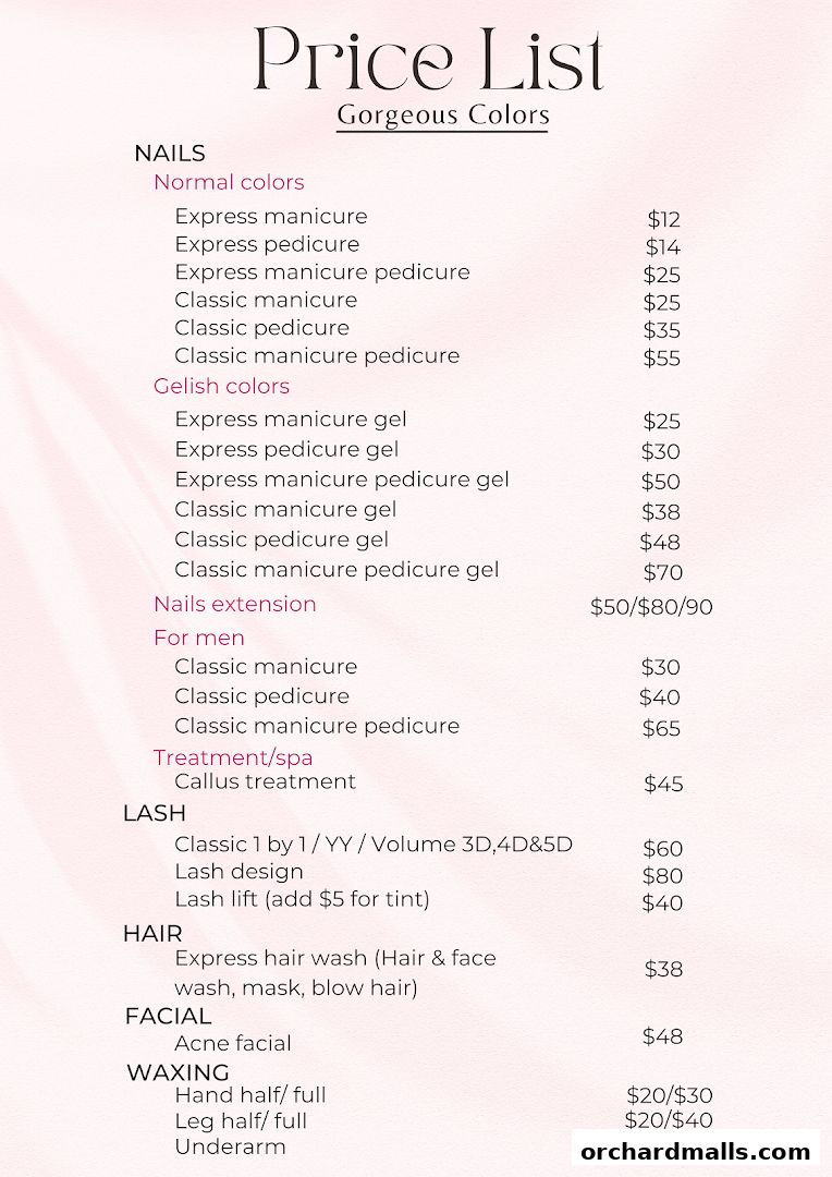 Menu page for Gorgeous Colors Nail  Eyelash Studio