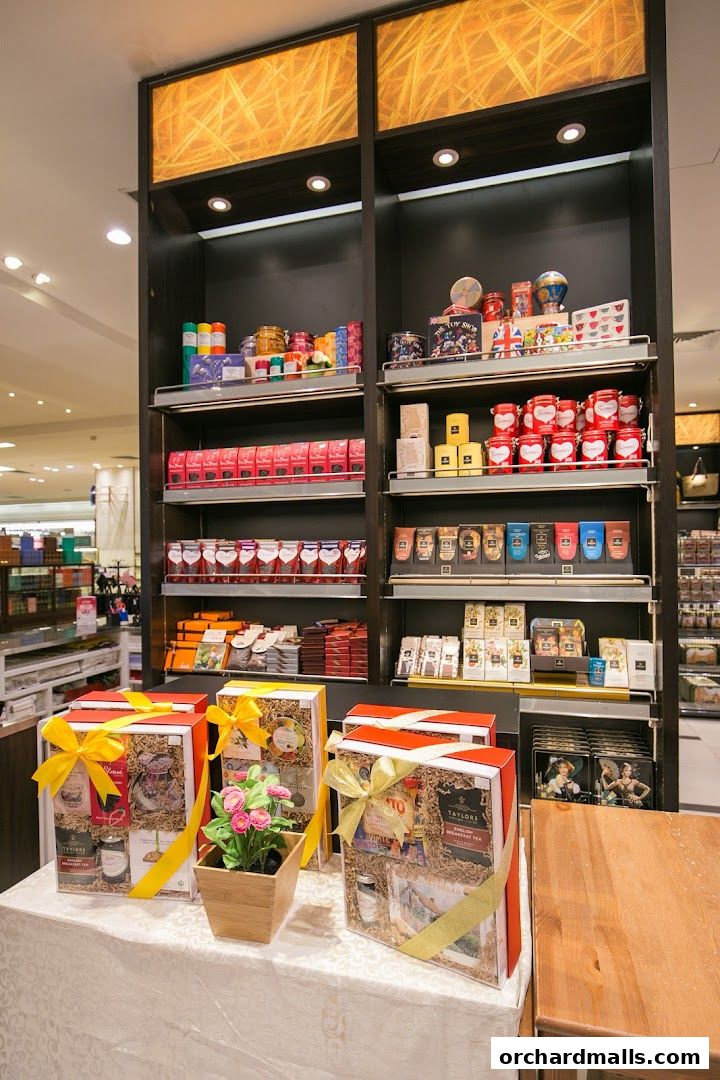 Gift baskets and shelves stocked with various food items and teas at Gourmet Grocery.