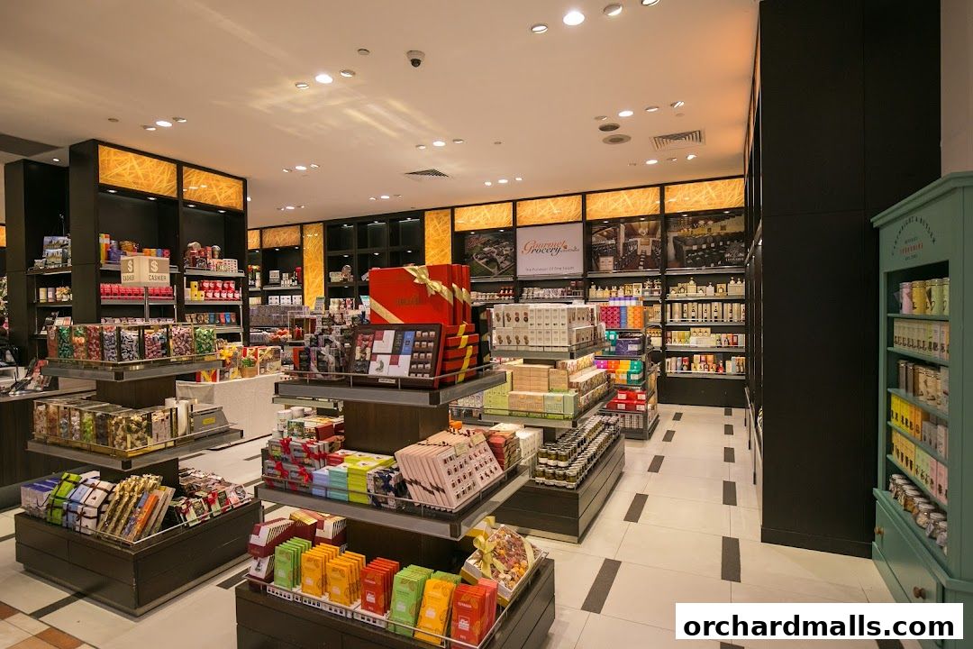 Interior view of a gourmet grocery store with shelves stocked with various food items and gift boxes.