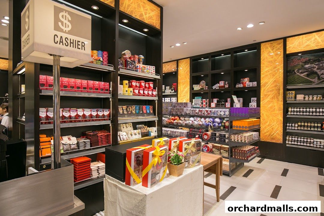 Interior view of a gourmet grocery store with shelves stocked with various food items and gift boxes.