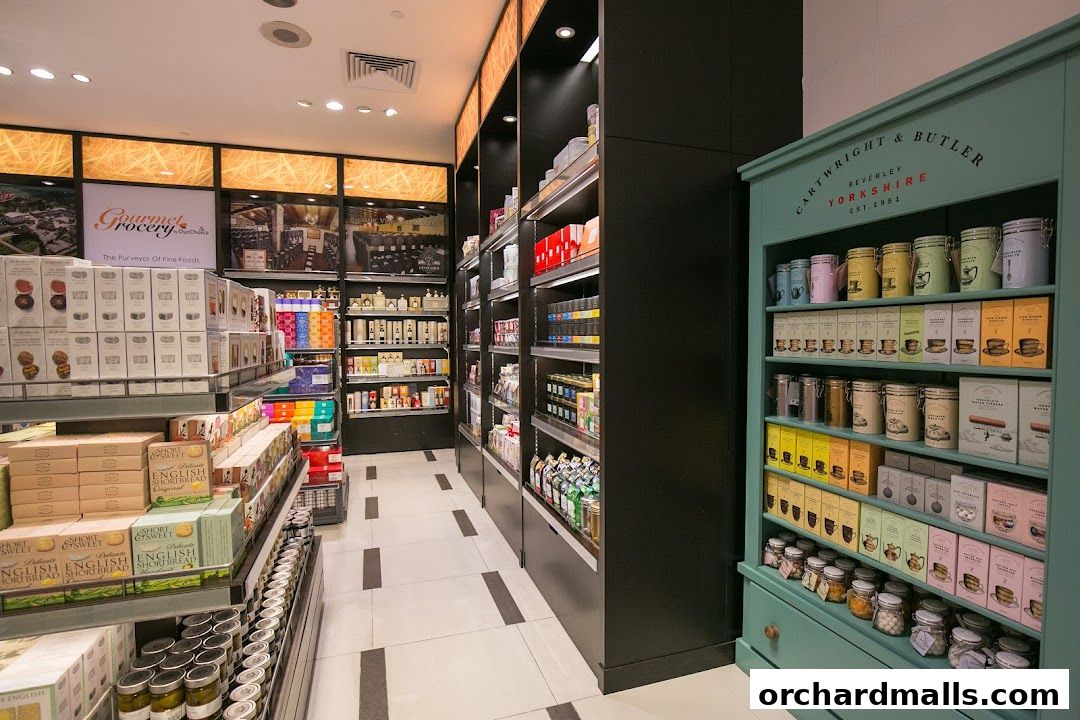 Interior view of a gourmet grocery store with shelves stocked with various food items and teas.
