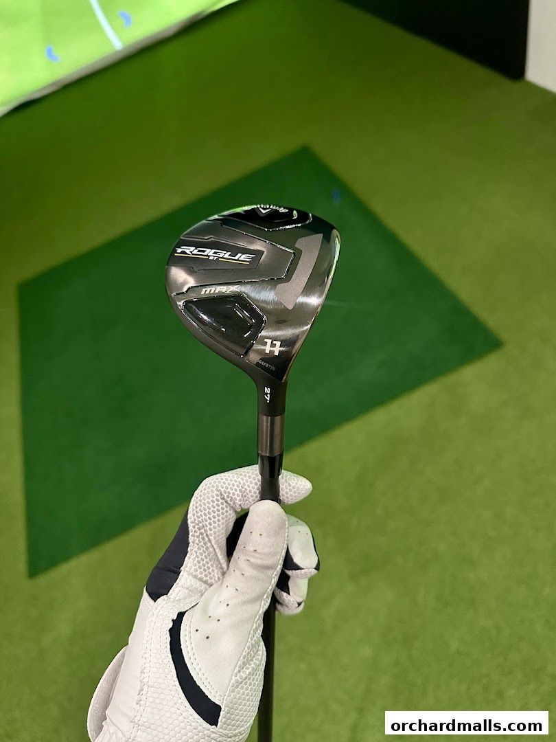 A gloved hand holds a Callaway Rogue ST Max golf club on a golf practice mat.