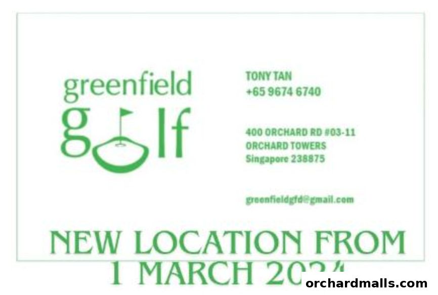 Greenfield Golf logo and contact information with a new location announcement.