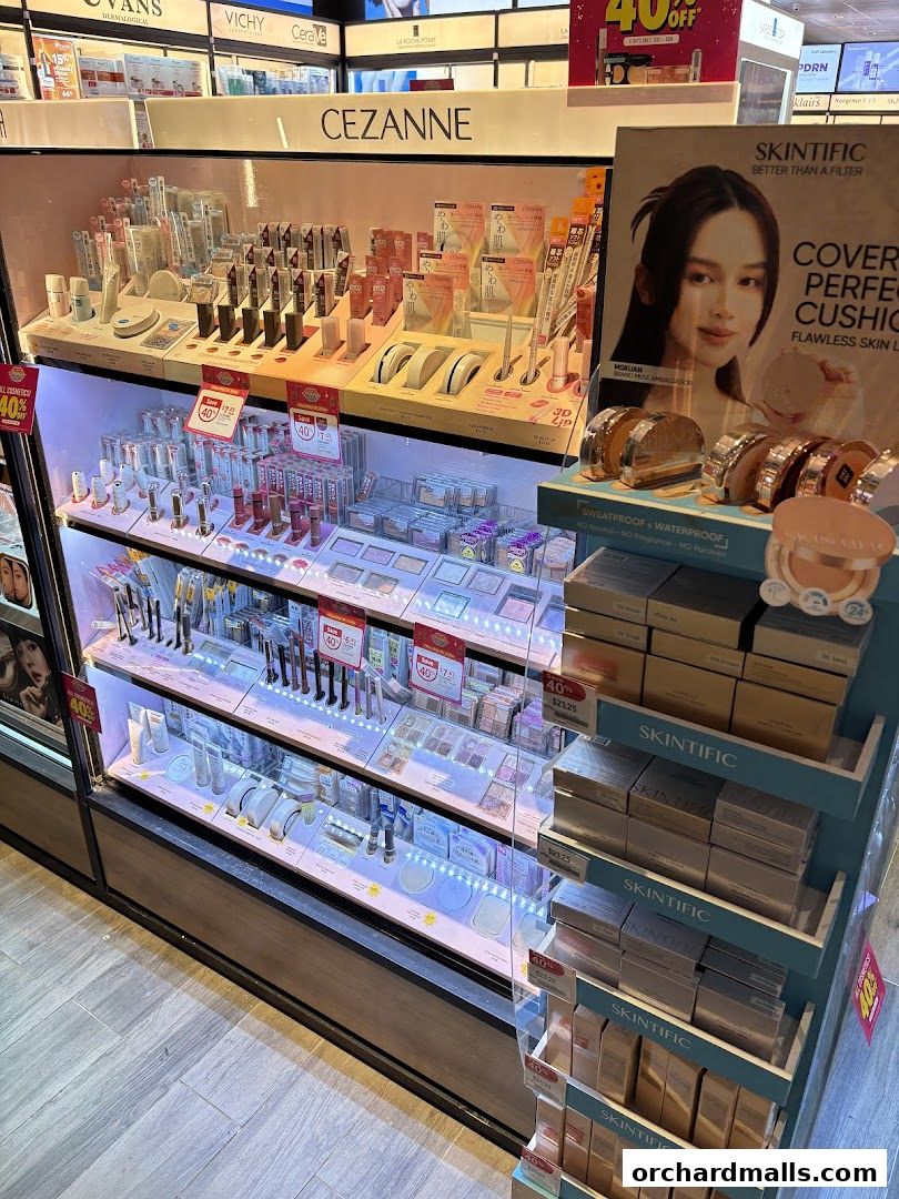 A display of cosmetics and skincare products from brands like Cezanne and Skintific.