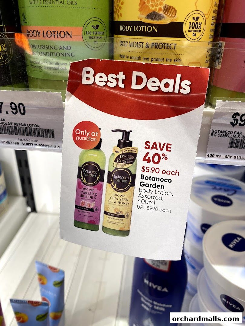 A promotional flyer for Botaneco Garden body lotions with a 'Best Deals' offer.