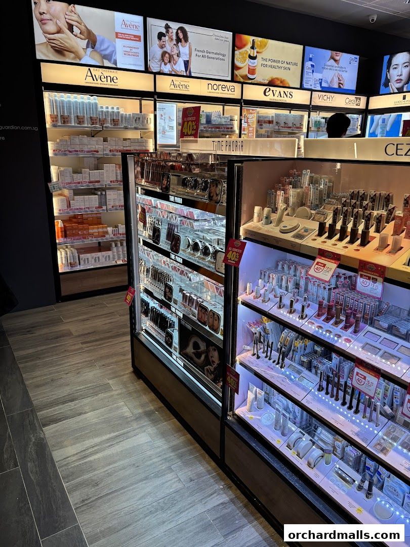 Interior view of a Guardian Health & Beauty store showcasing skincare and makeup products.