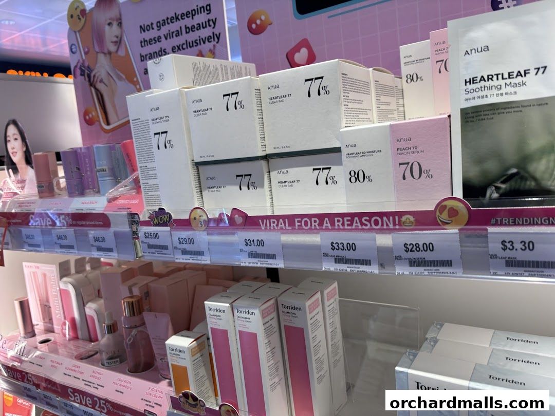 A display of viral beauty products, including skincare and masks, with prices shown.