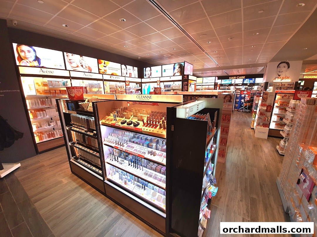 Interior view of a Guardian Health & Beauty store showcasing makeup and skincare products.