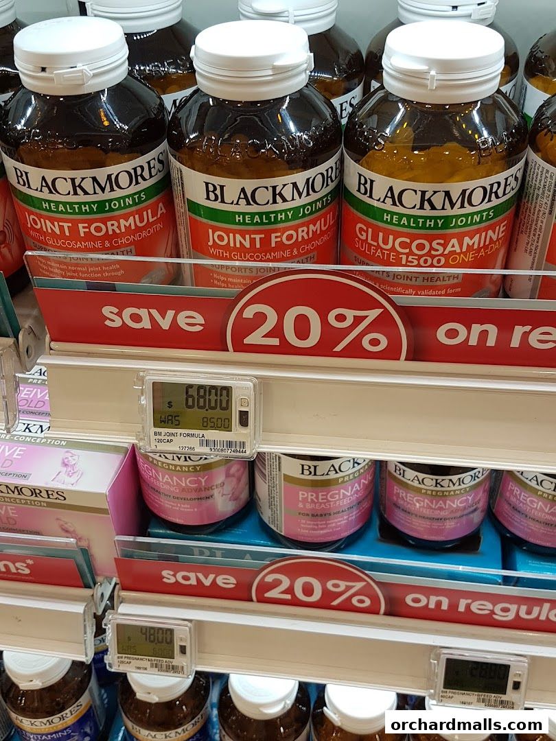 Shelves stocked with Blackmore's health supplements, featuring joint formula and pregnancy support.