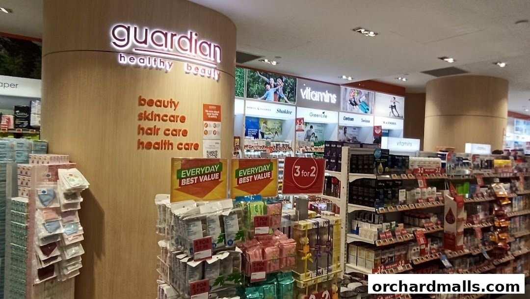 Interior view of a Guardian Health & Beauty store showcasing various health and beauty products.