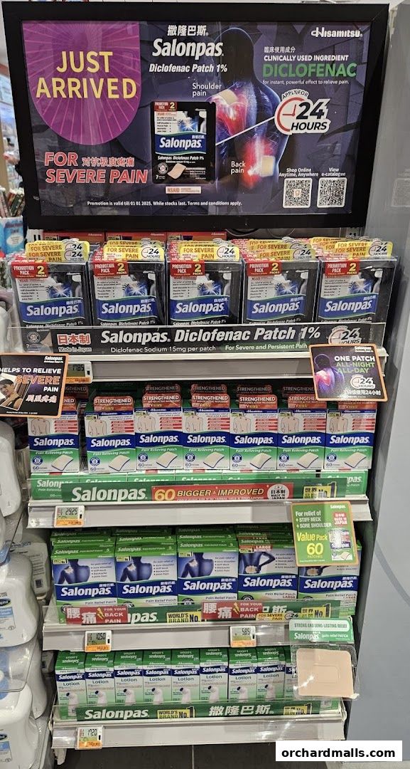 A display of Salonpas pain relief patches and lotions in a retail store.
