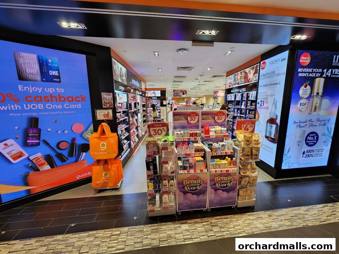 Interior view of a Guardian Health & Beauty store showcasing various beauty products and promotions.