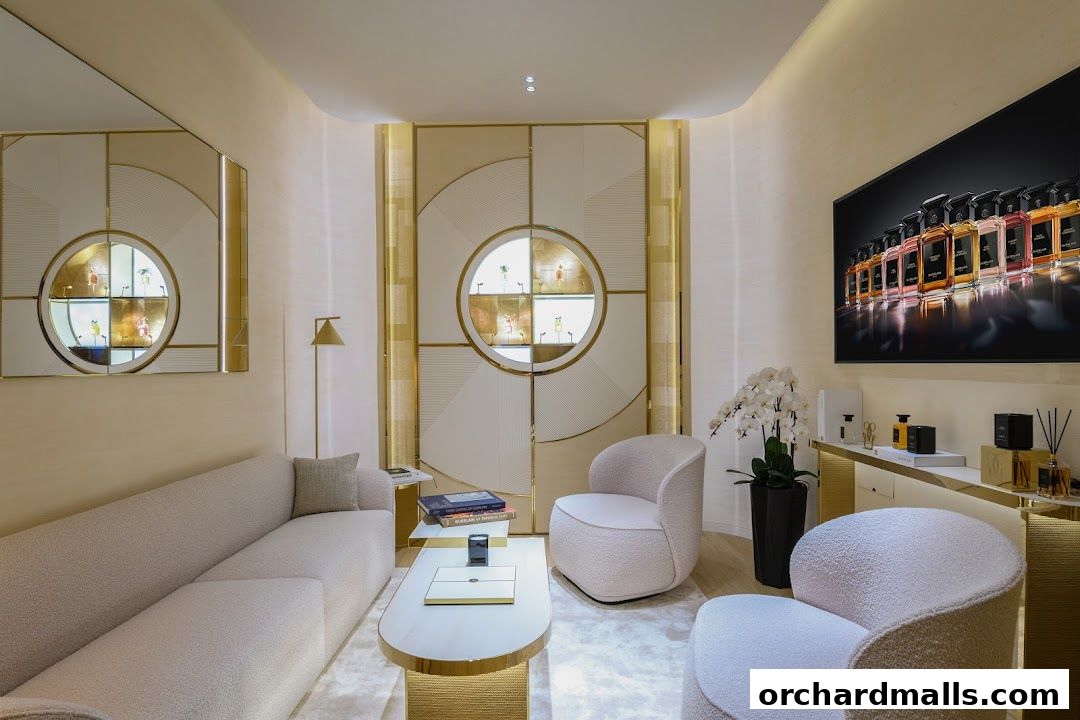 Luxurious interior of a Guerlain boutique with plush seating and elegant displays of perfume bottles.