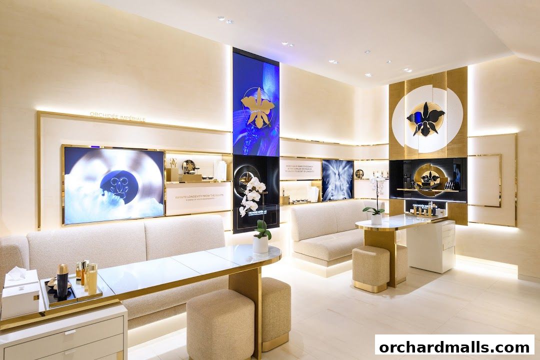 Interior of a luxurious Guerlain boutique with comfortable seating and digital displays showcasing products.